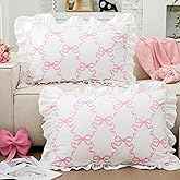 Fanfanwin Pink Bow Pillow Covers Set of 2 Christmas Ruffle Pillow Cases Coquette Pillowcase Sham Covers Cute Preppy Bow Pillows Decorative Girly Apartment Bedroom Room Decor 20 x 30''