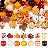 Ripeng 200 Pcs Thanksgiving Wooden Beads Thanksgiving Orange Craft Beads Pumpkin Maple Leaf Gnome Plaid Colorful Round for Autumn Harvest Halloween Craft Jewelry Making Home Party Decor