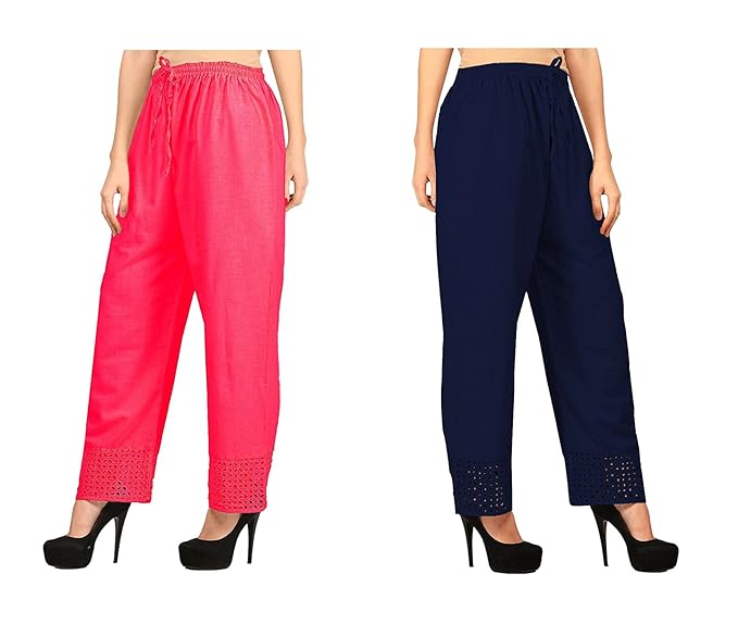 Women's Cotton Palazzo Designer Plain Casual Wear Palazzo for Women/Girl Combo Cotton Palazzo Color-Pink_ Nevy Blue