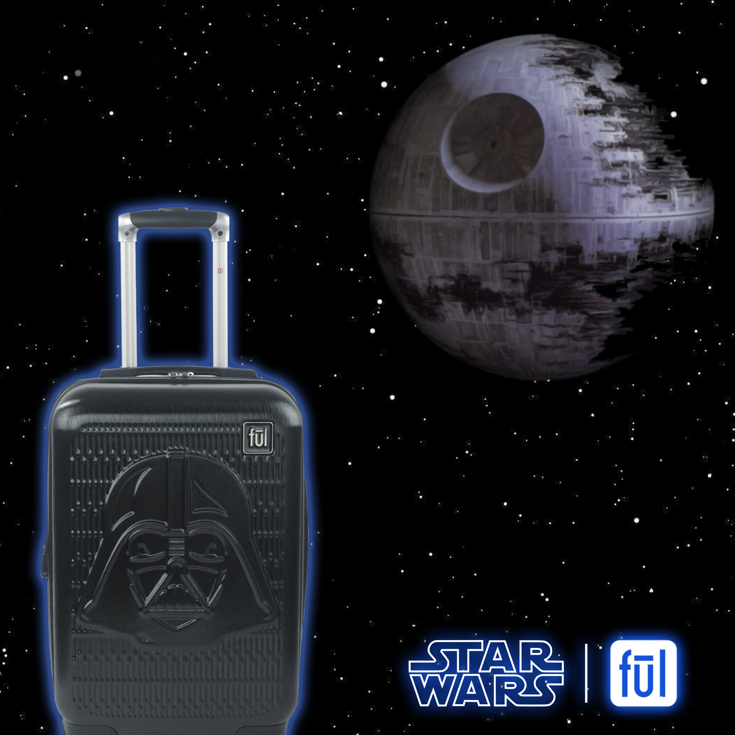 FUL Star Wars Darth Vader Rolling Luggage, Embossed Hardshell Carry On Suitcase with Wheels, Black, 22 Inch