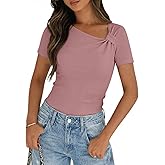 MEROKEETY Women's Summer Asymmetrical Short Sleeve Tops 2026 Casual Dressy Ruched Fitted Y2K Going Out Date Night T Shirts