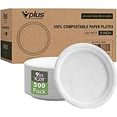 Vplus 500 Pack Paper Plates 9 inch 100% Compostable, Heavy-Duty Disposable Paper Plates Bagasse Natural Biodegradable Eco-Friendly Sugarcane(White)