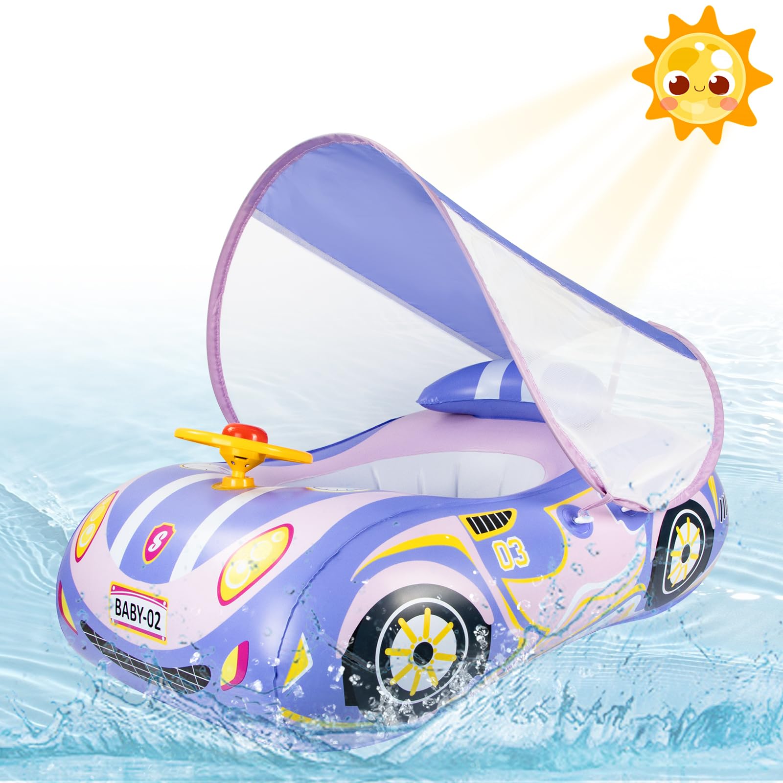 Olycism Baby Swimming Float with Canopy UPF50+ & Toy Play Steering Wheel Children's Boat Swimming Hoop with Patch Kit for Children from 1-4 Years Purple — image 1