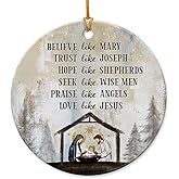 2025 Nativity Christmas Ornaments - Believe Like Mary Trust Like Joseph Jesus Christmas Decorations - Round Ceramic Ornament for Christian Gifts, Religious Christmas Ornaments, Nativity Decor