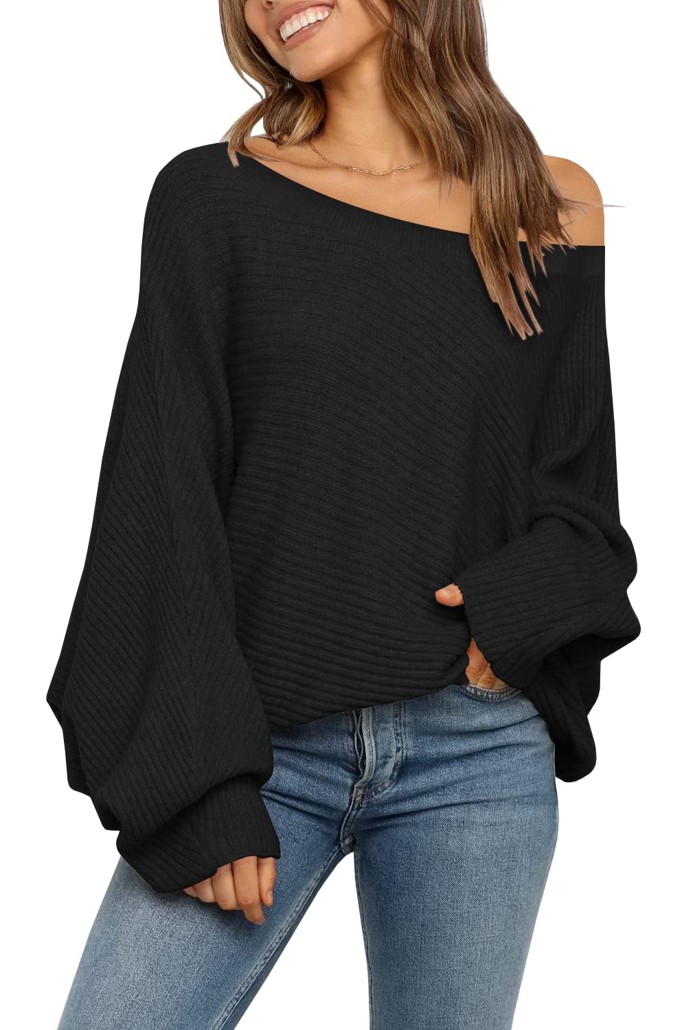 Photo 1 of Mafulus Women's Off Shoulder Sweater Batwing Long Sleeve Cable Slouchy Pullover Jumper Tops