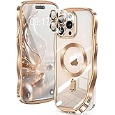 [CD Ring & Curly Wave Edge] for iPhone 15 Pro Case, 2025 Upgraded [Full Camera Protection] [Compatible with MagSafe] Plating Soft Non-Yellowing Clear Case for 15 Pro 6.1 " Men Women ,Titanium Gold