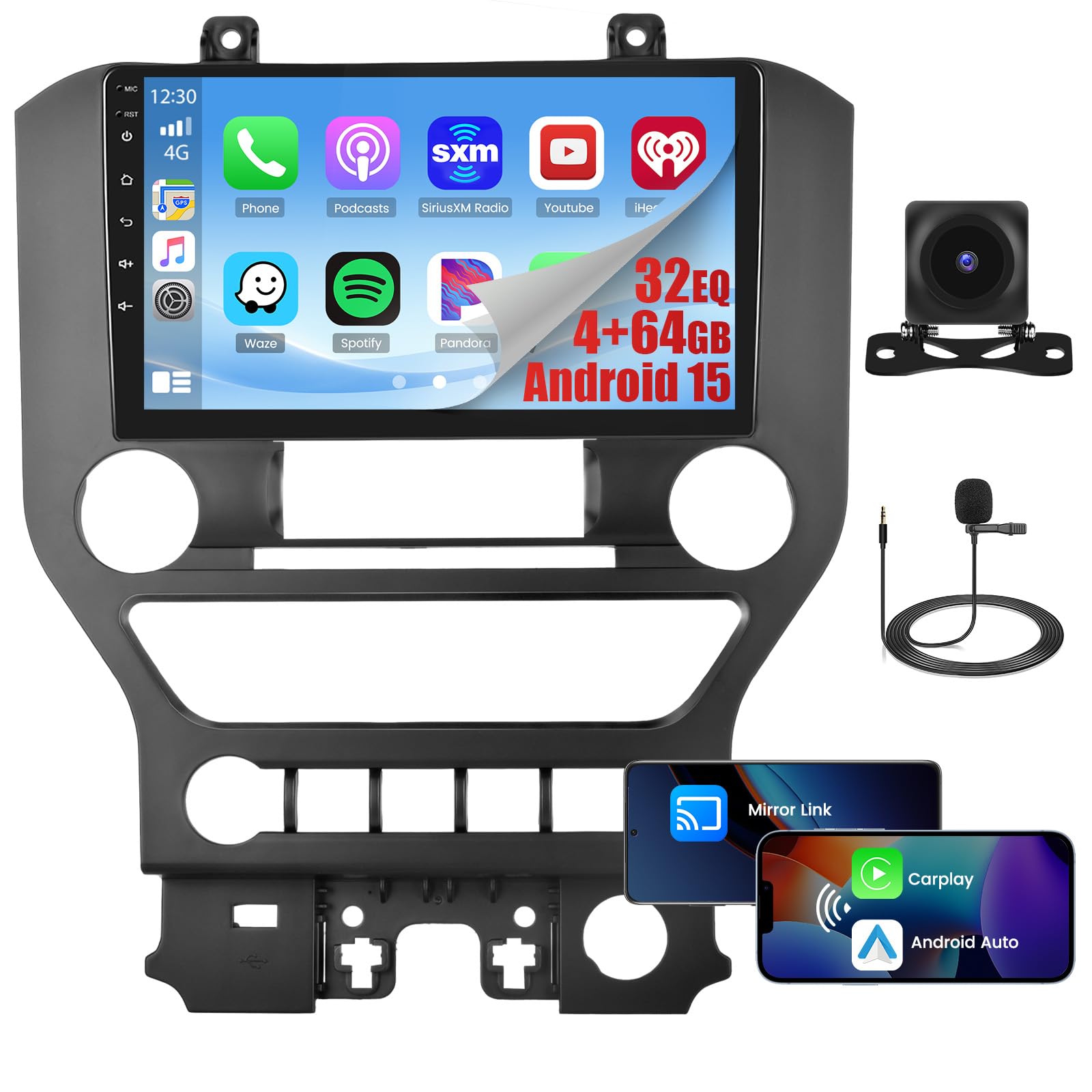 View 1 of [4+64G] Android 15 Car Radio for Ford Mustang (Auto A/C) 2015-2020 Wireless CarPlay Android Auto, 9“ Touch Screen for Mustang Car Stereo with GPS WiFi, Bluetooth 5.0 FM/RDS 32EQ Backup Camera