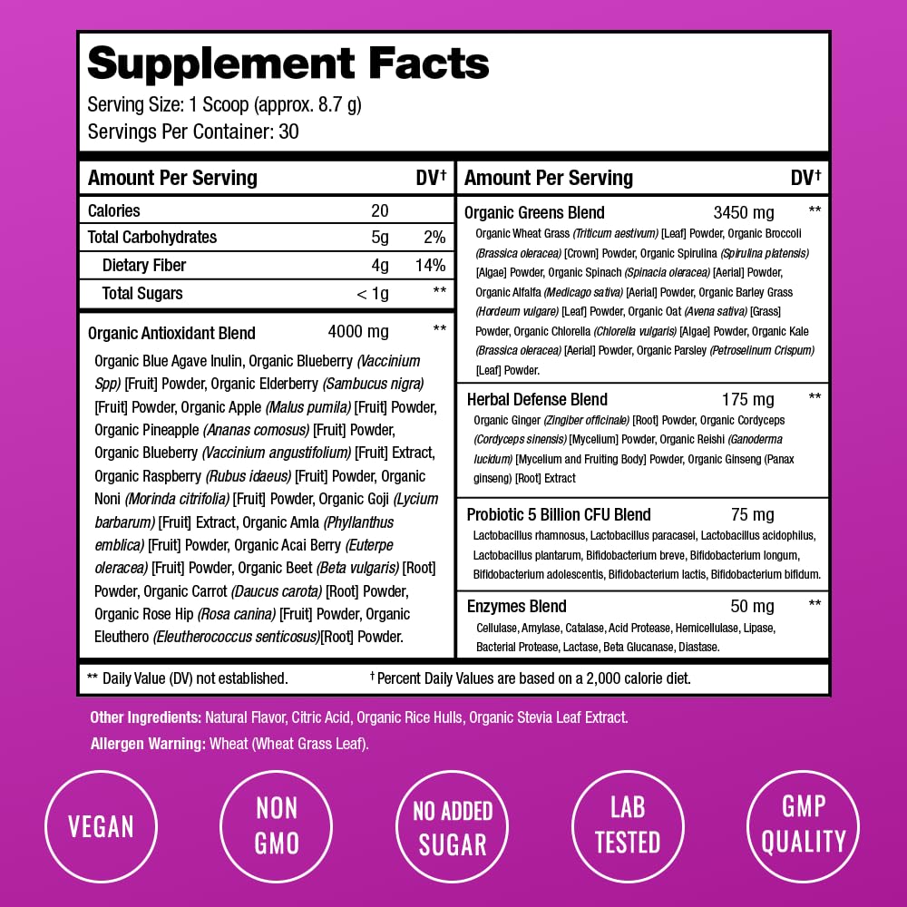 NutraChamps Super Greens Powder Premium Superfood | 20+ Organic Green Veggie Whole Foods | Wheat Grass, Spirulina, Chlorella | Antioxidant, Digestive Enzyme & Probiotic Blends (9.1 OZ, Antioxidant)