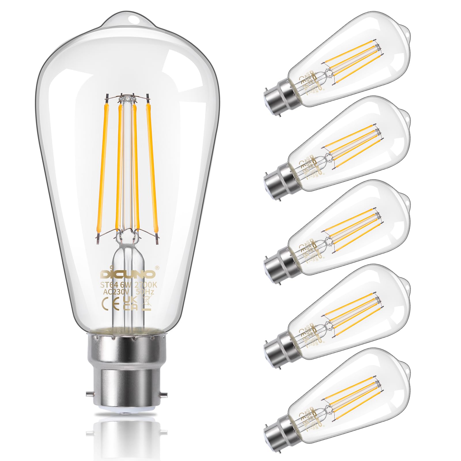 DiCUNO Vintage Edison Light Bulb B22 Bayonet Light ST64, 6W Equivalent to 60W, Filament Clear LED Bulb, Warm White 2700K, 810LM, Non-dimmable, 6 Pcs — image 1