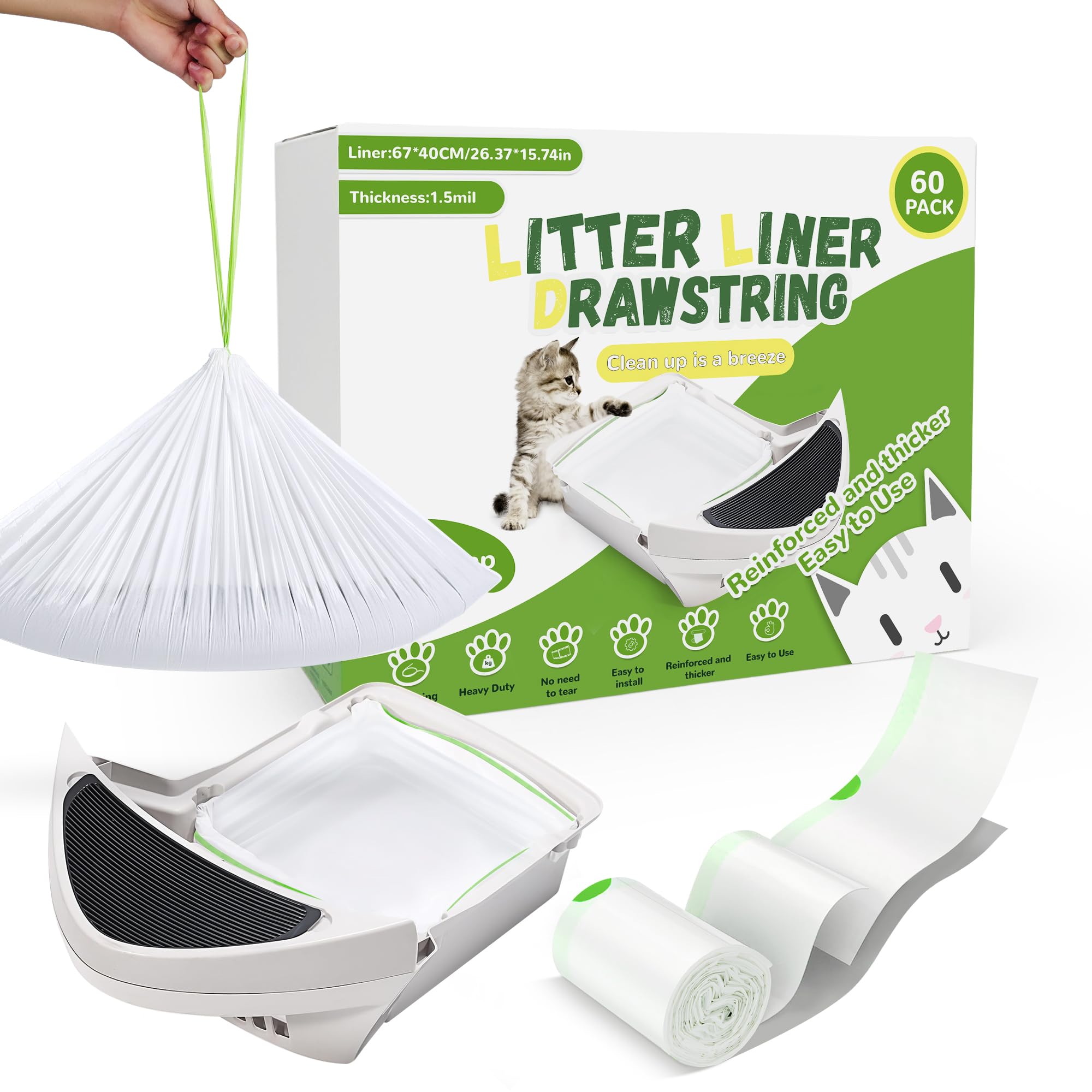 Photo 1 of Cat Litter Box Liners Large: 60 Packs Litter Waste Bags, 1.5 Mils Thick Drawstrings Closure Waste Bags Large Size, Cat Litter Liners for All Cats To Keep Your Home Clean, 26"x16"