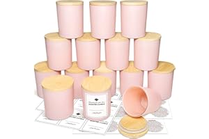 SUPMIND 15 Pack Candle Glass Jars, 7oz Pink Empty Candle Jars with Bamboo Lids and Sticky Labels, Bulk Candle Containers for Making Candles