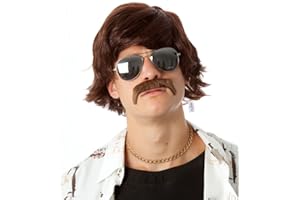 ALLAURA – Pedro Wig 60s 70s Sonny Bono Wig and Mustache Short Brown Ron Burgundy Wigs Mens Shag Hippie Fits Adults – Halloween Costumes