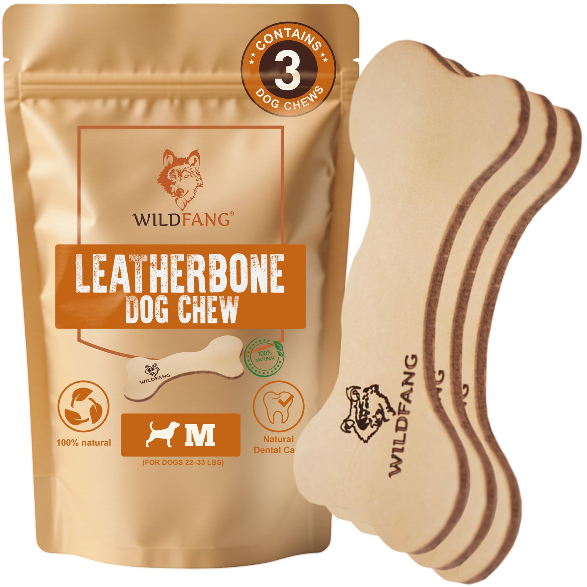 Wildfang® Leather Dog Toy, Medium – Soft Dog Chew Toys for Gentle Chewers, Puppies & Senior Dogs with Sensitive Teeth – Non-toxic, Stuffing-free 5 mm Leather Bone, Dog Toys for Large Dogs, Pack of 3