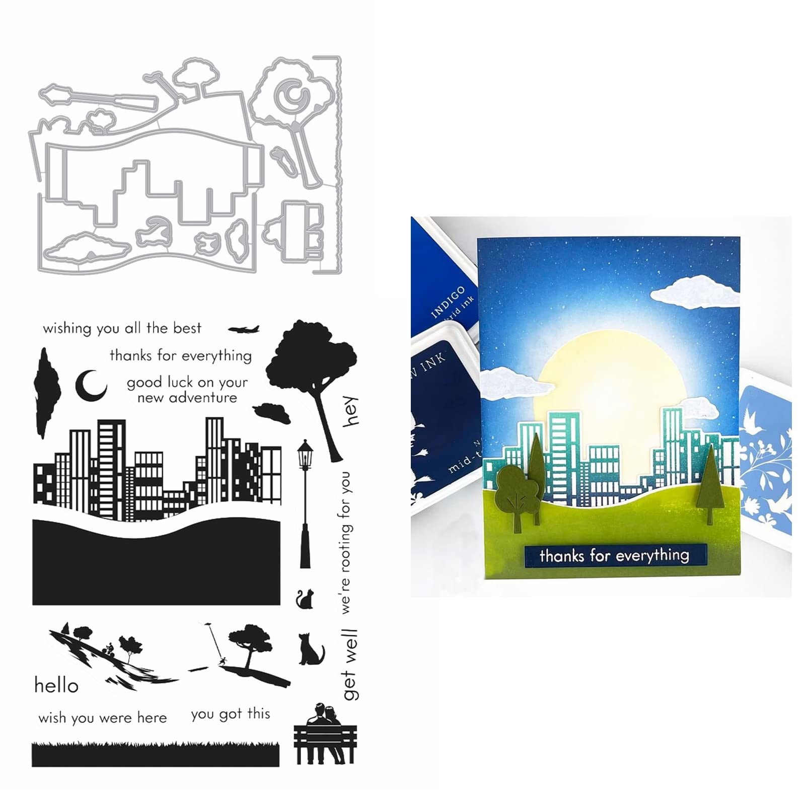 City Life Buildings Street New Adventure Good Luck Metal Cutting Die and Stamp Set Rubber Clear Stamp DIY Scrapbooking Embossing Stencil Craft Gift Card Album Paper Decor Cardmaking