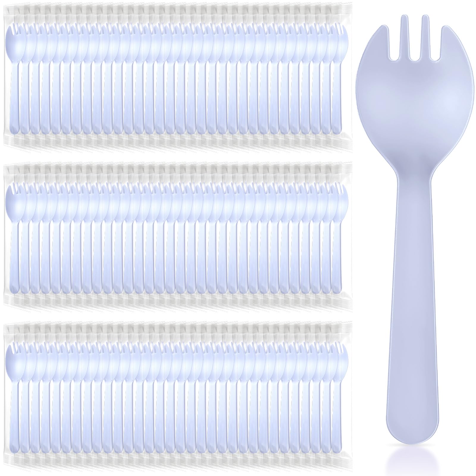 Photo 1 of Tioncy 150 Pcs Disposable Plastic Sporks Individually Wrapped Disposable Sporks 4.5'' x 1.26'' 2 in 1 Fork and Spoon Set Serving Utensils for Dessert Restaurant Party Supply(Blue)
