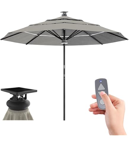 Above Height 2 Series 10ft Motorized Patio Umbrella – Remote, Solar & USB-C Charging, 8 Rib + Center LED, Wind Sensor Auto-Close, Rust-Resistant Aluminum, 98% UV Block (Spectrum Dove)
