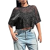 OYOANGLE Women's Plus Size Sparkly Mesh Sheer Crop Tops Short Sleeve Crew Neck See Through Tshirts Going Out Top