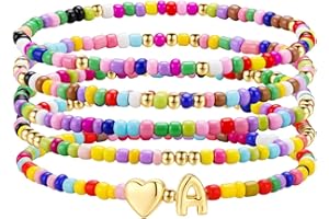 M MOOHAM Stocking Stuffers for Kids Girls Teen - 5PCS Colorful Beaded Initial Bracelets for Women Girls, Cute Stretch Heart Letter Bohemian Stackable Bracelet Birthday Gifts Jewelry for Kids Teen Girl