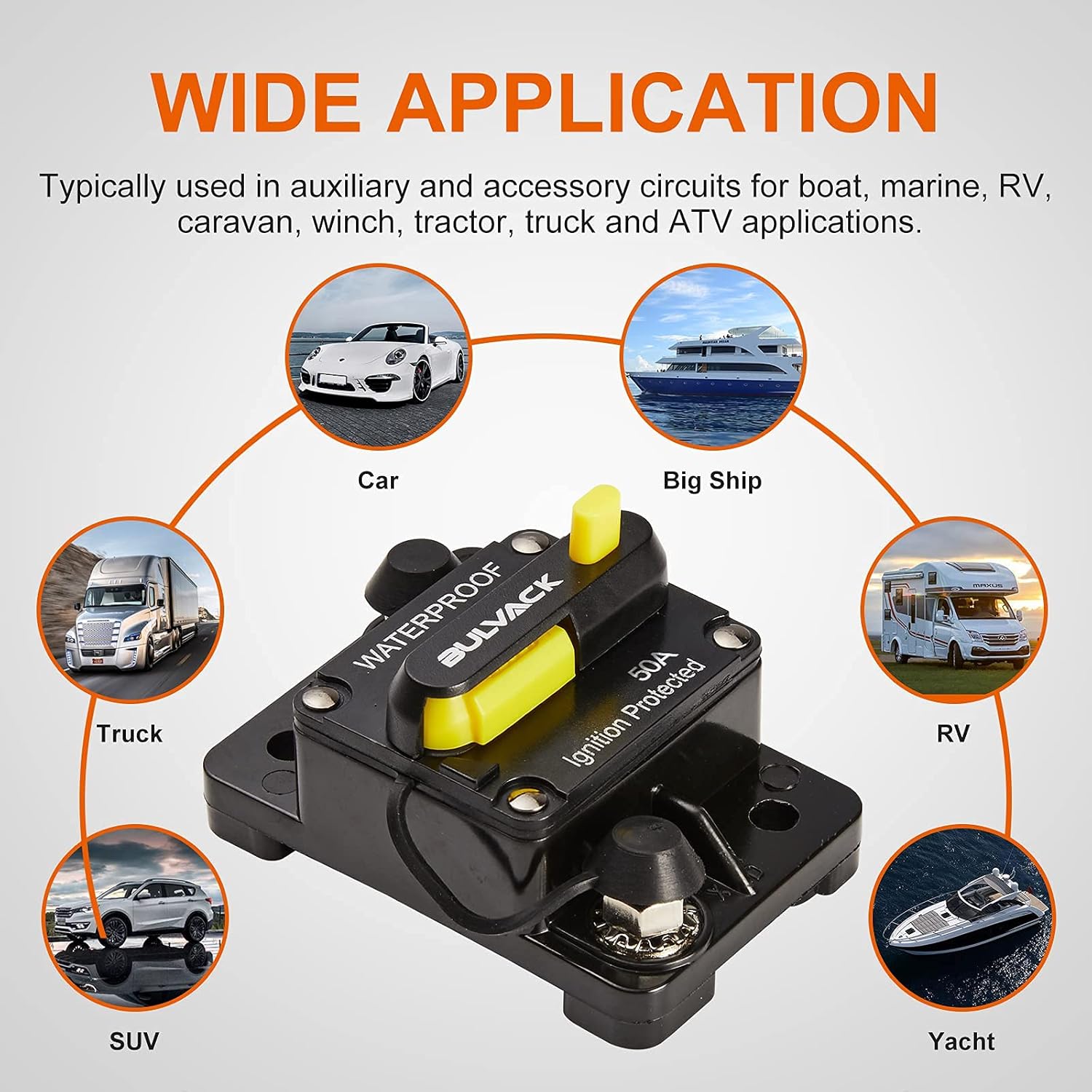 BULVACK 50 Amp Circuit Breaker with Manual Reset for Car Marine Trolling Motors Boat ATV Manual Power Protect for Audio System Fuse, 12V-48V DC (50A): Automotive