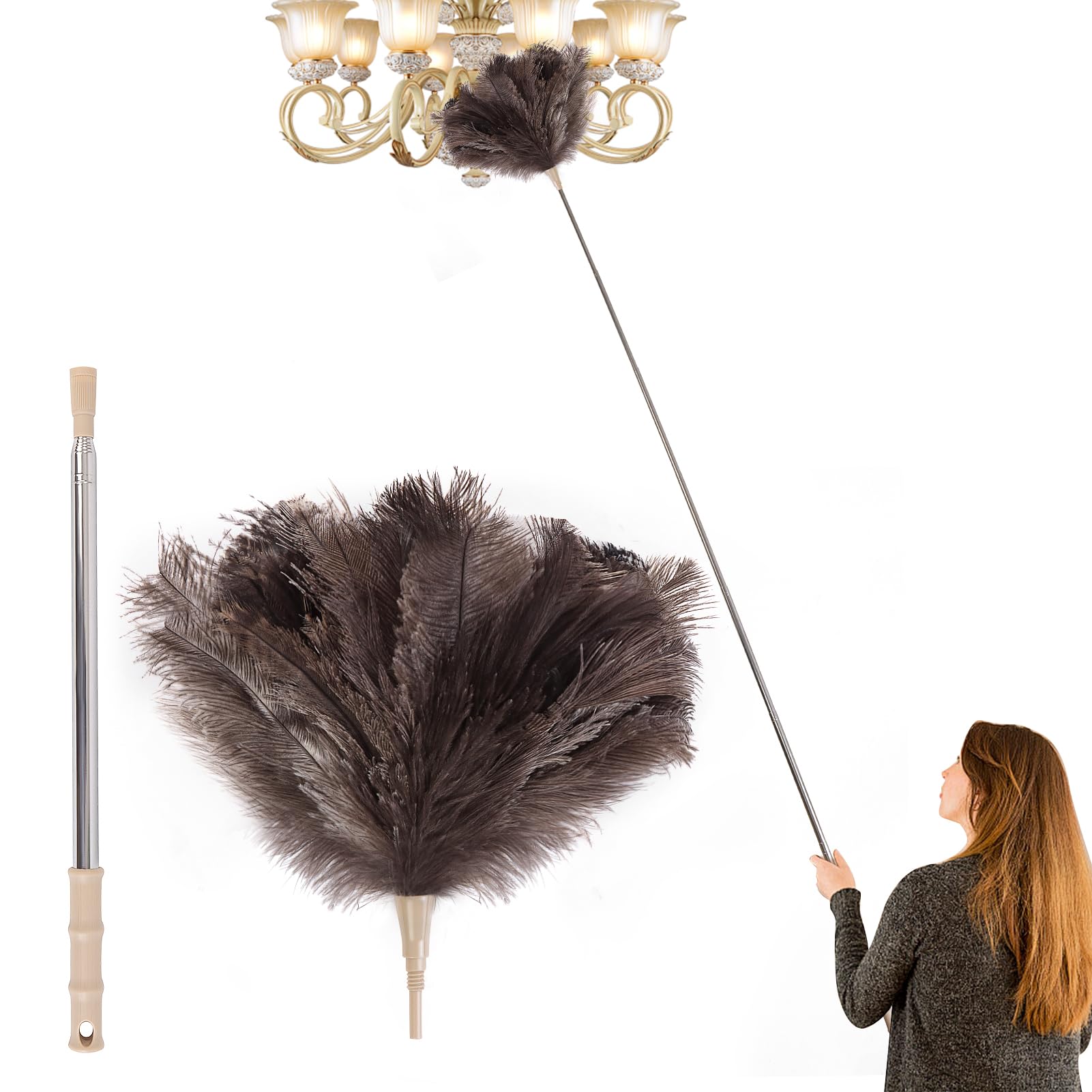 Photo 1 of Extendable 81.9 Inch Ostrich Feather Duster with Extension Used for Home Cleaning Ceilings Furniture Fans Washable?1.8M Telescopic Rod,Grey?