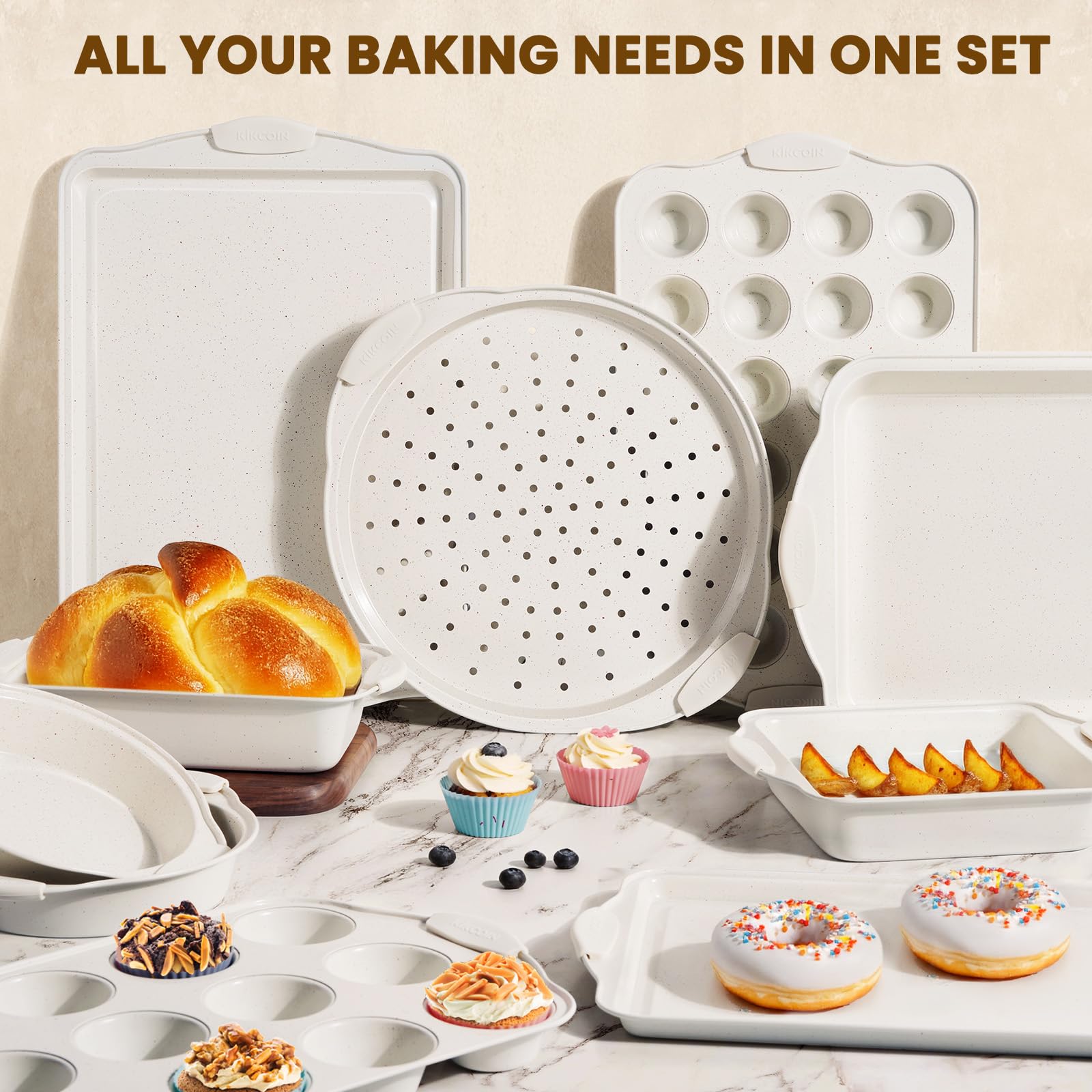 Kikcoin 22 PCS Nonstick Baking Pans Set, Stackable Bakeware Sets with Silicone Handles, 450°F Oven Safe Baking Sheet Set, Easy Release Cookie Sheets for Baking, Cream