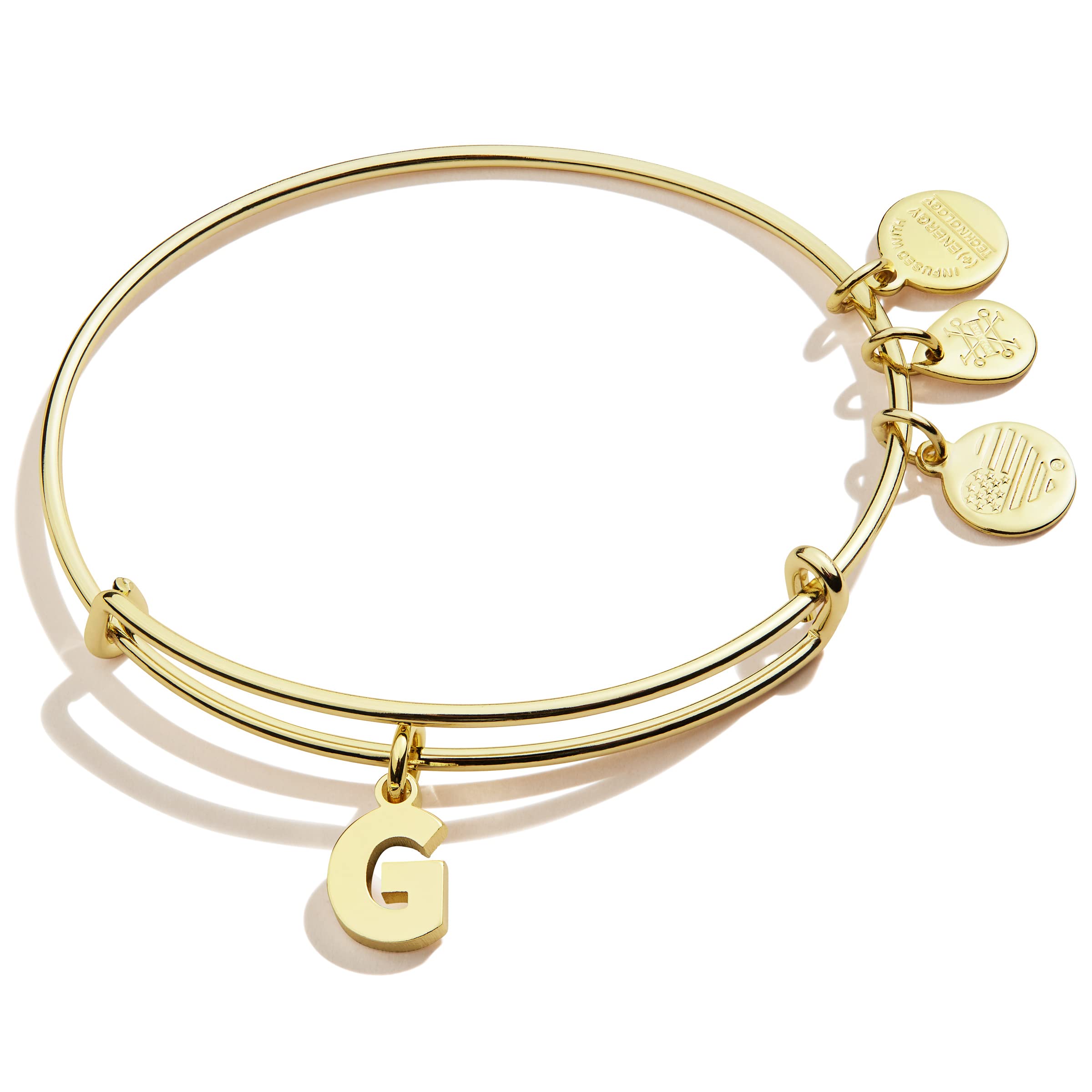 Alex and ANI Brazalete expandible para mujer, dije con letra G inicial, acabado dorado brillante, 2 a 3,5 pulgadas