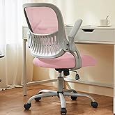 Sweetcrispy Home Office Computer Desk Chair, Ergonomic Mid-Back Mesh Rolling Work Swivel Task Chairs with Wheels, Comfortable Lumbar Support, Comfy Flip-up Arms for Bedroom, Study, Student, Pink