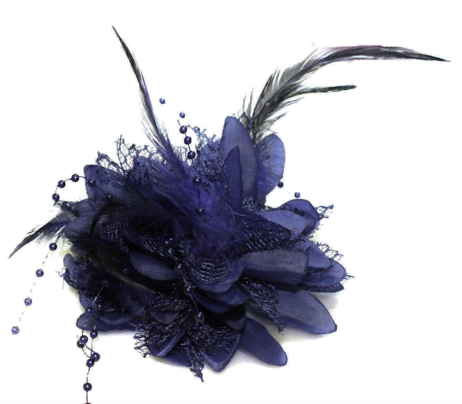 Flower Feather Bead Corsage Hair Clips Fascinator Hairband and Pin (Navy)