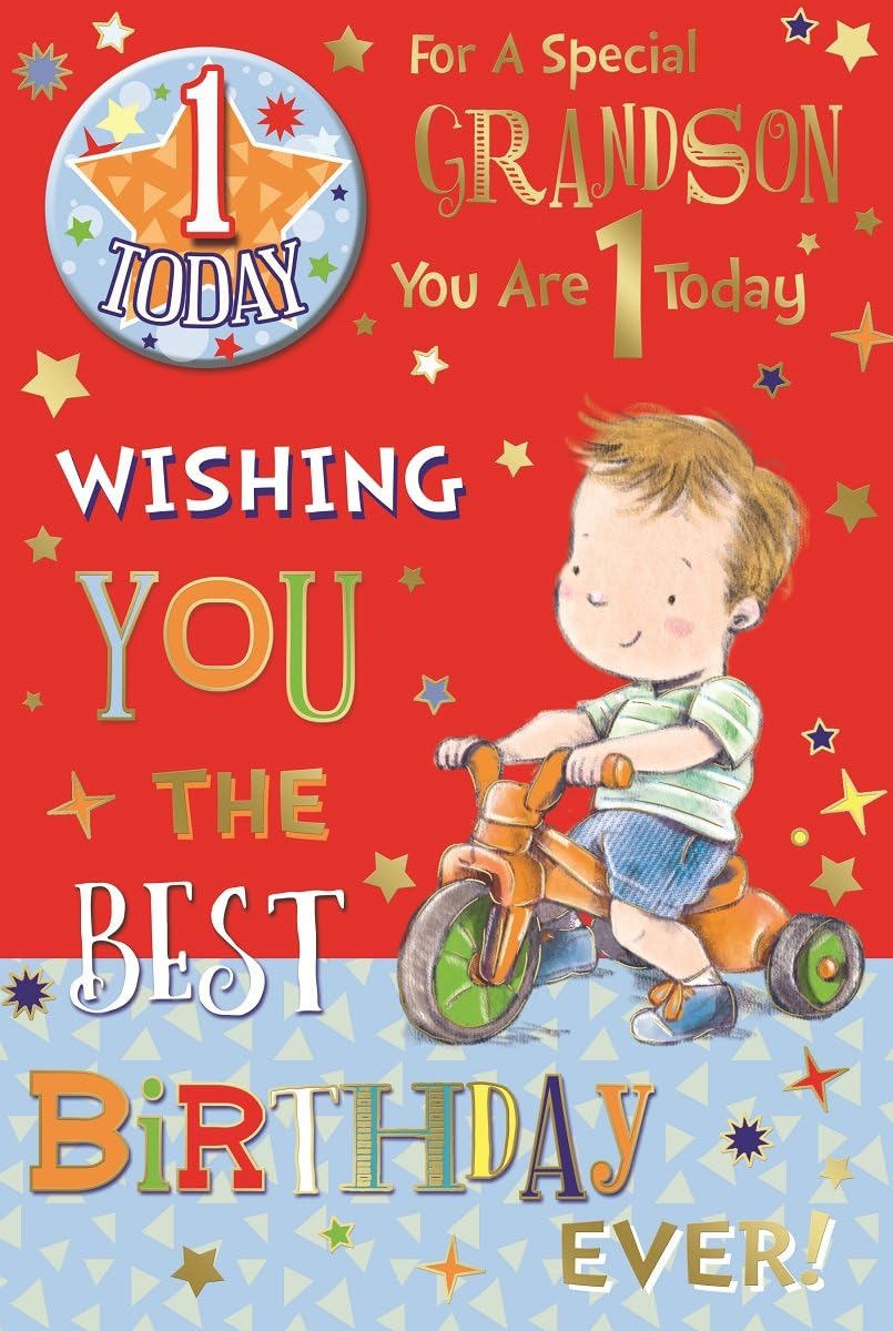 Grandson 1st Birthday Card & Badge - Age 1 Today Boy Sea Creatures Gold Foil 9x6, Blue and Gold, 23cm x 15cm
