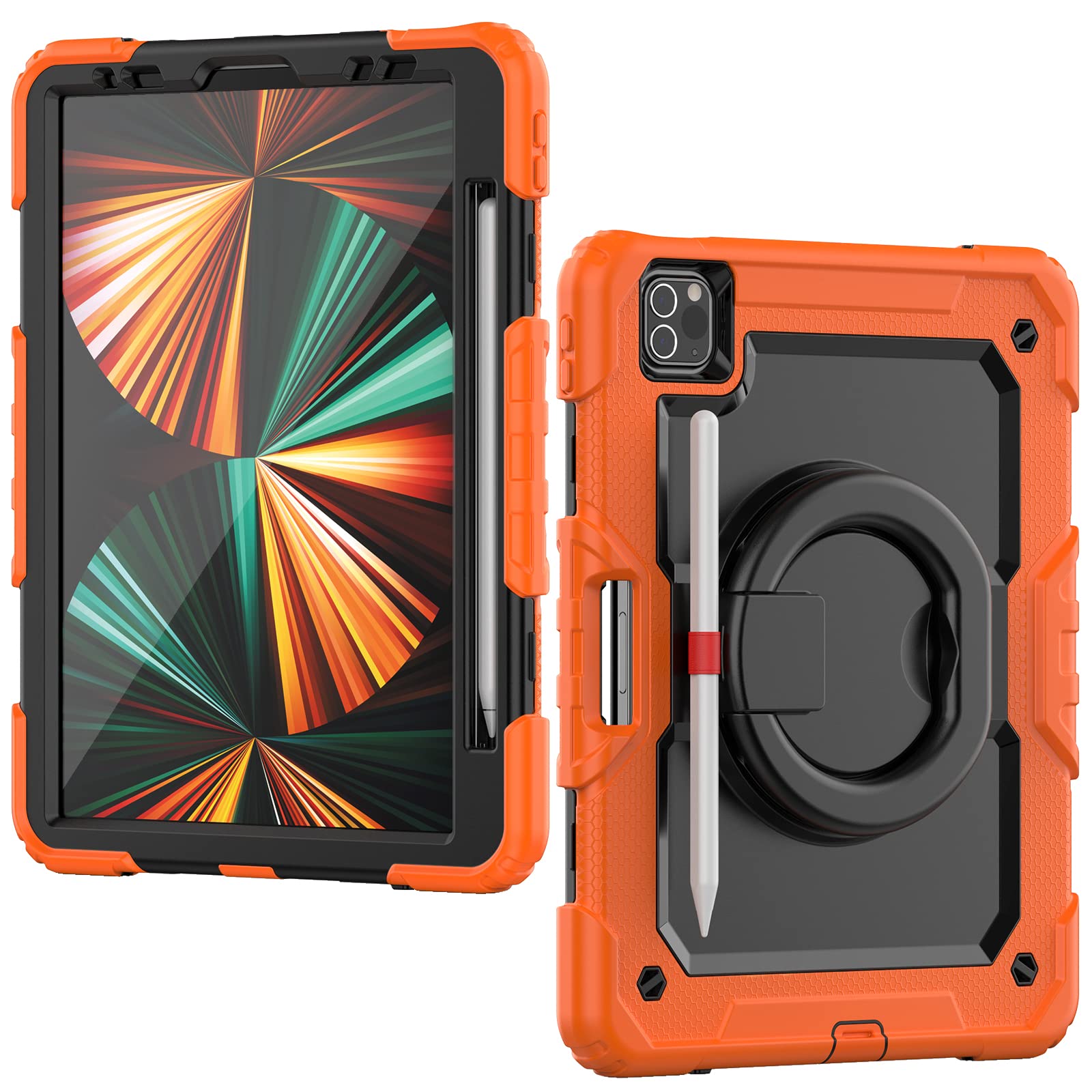 HUEZOE Case Compatible with iPad Pro 11 Inch, Model 2021/2020/2018, Full Body Shockproof Protection Cover Robust with Rotating Stand/Pen Holder, Orange