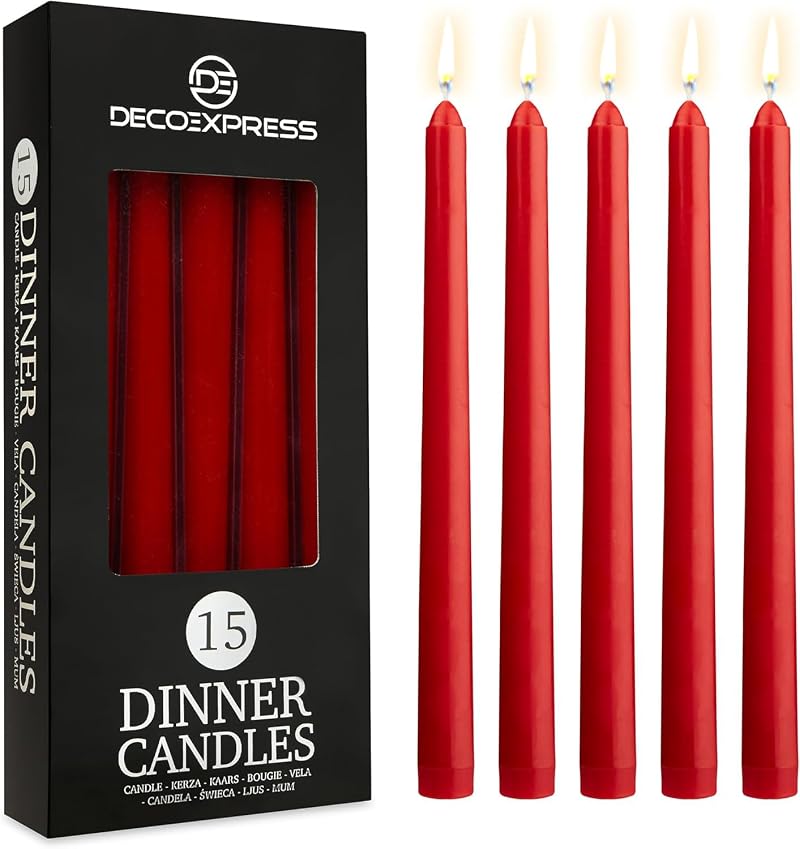 DECO EXPRESS Candles Set 15 Red Dripless Tapered Metallic 8 Hr Burn Time