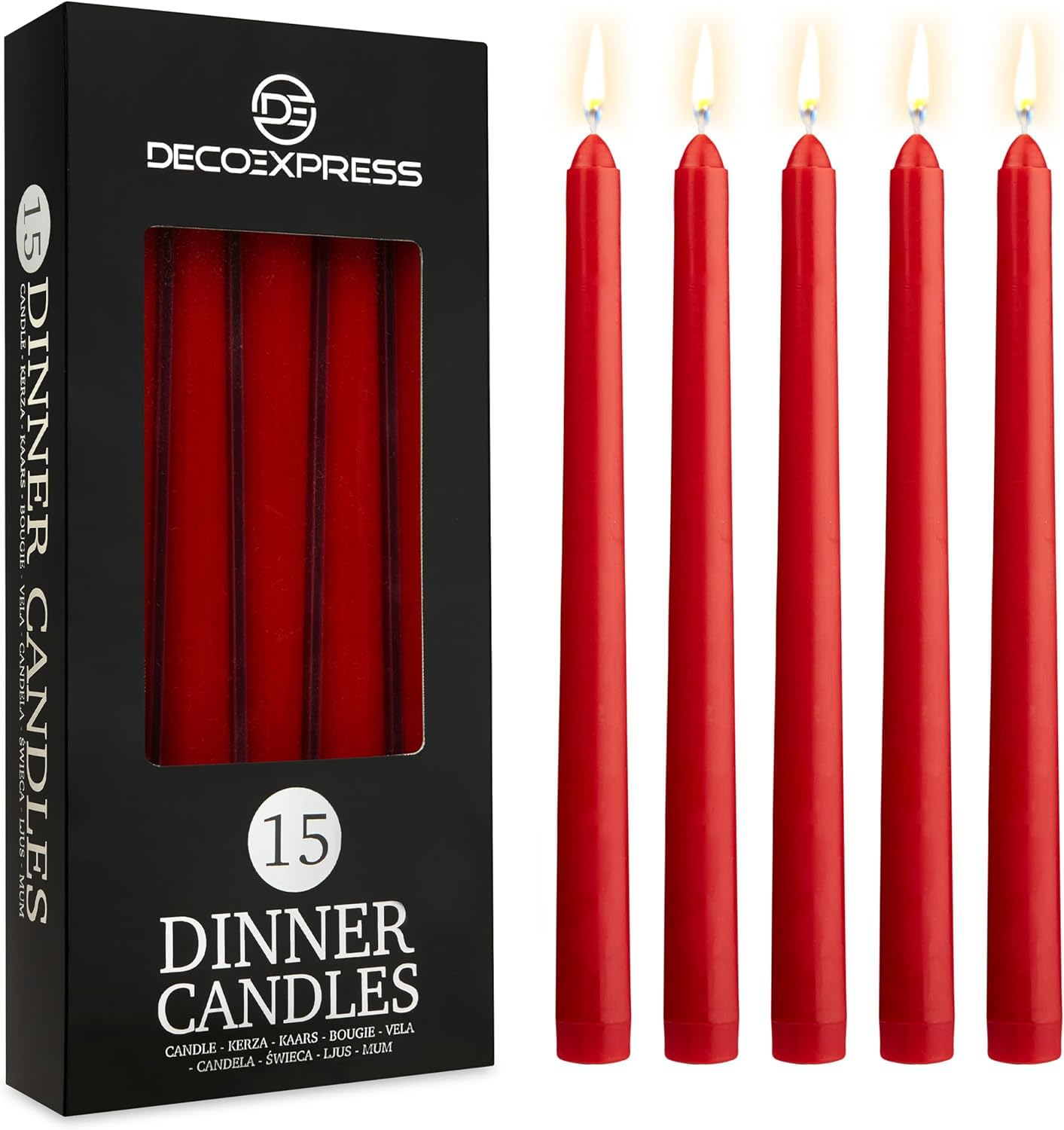 DECO EXPRESS Candles Set, Pack of 15 Classic Dripless Tapered Metallic Dinner Candles, Unscented with 8 Hours Burning Time, Home, Valentine’s Day & Mother’s Day Decor Idea (Red, 15 Pack)