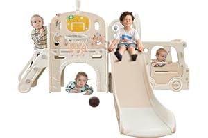 Virubi 9-in-1 Toddler Slide, Kids Slide with Bus Playhouse, Climber, Basketball Hoop, Ring Toss, Tunnel, Telescope and Storage Space, Slide for Toddlers Age 1+