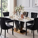 gopop Marble Dining Table,Modern Dining Room Table with Golden Stainless Steel Base,Marble Kitchen Table for 8 People,71'' Gold Dining Table Ideal for Living Room Home Office