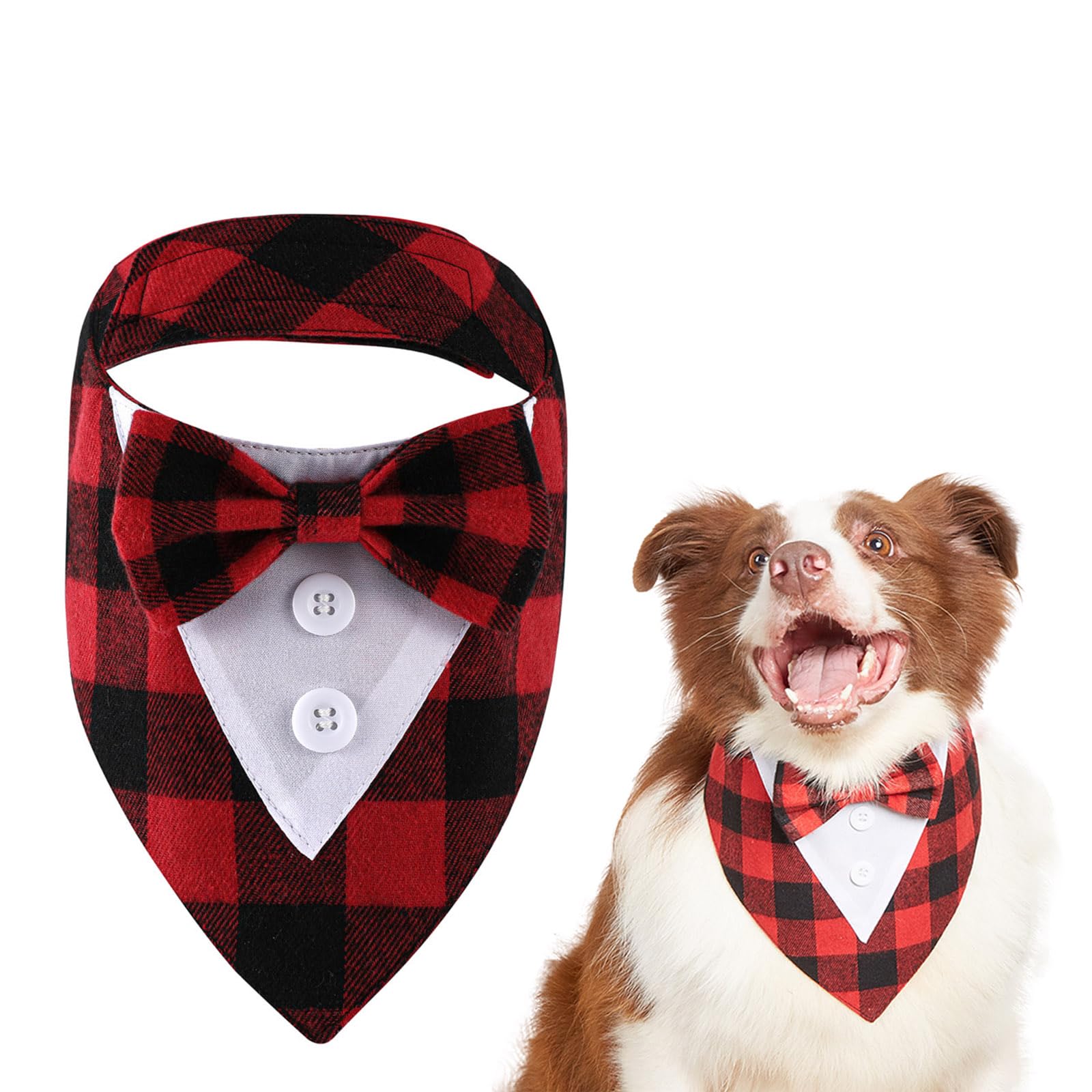 KASESSS Dog Tuxedo, Cotton Dog Bow Tie with Red Plaid Bow, Adjustable dog Bandana Tuxedo Wedding Outfit for Medium Large Dogs(L)