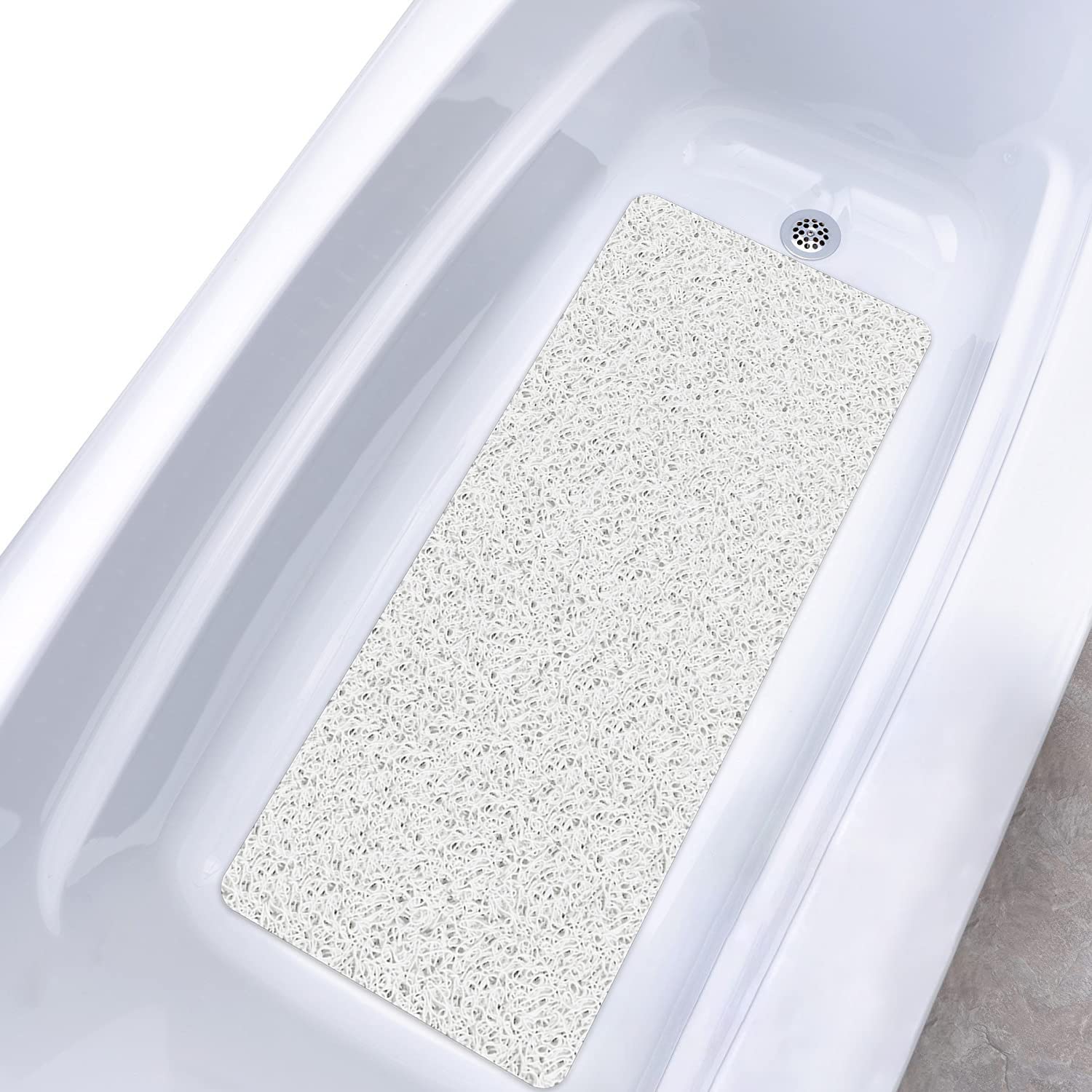 Bath Mat Non-Slip Shower Mat, 40 x 100 cm, Soft Comfort Safety Bath Mat with Drainage Holes, PVC Loofah Massage Shower Mats for Bathtubs, Quick Drying (White) — image 1