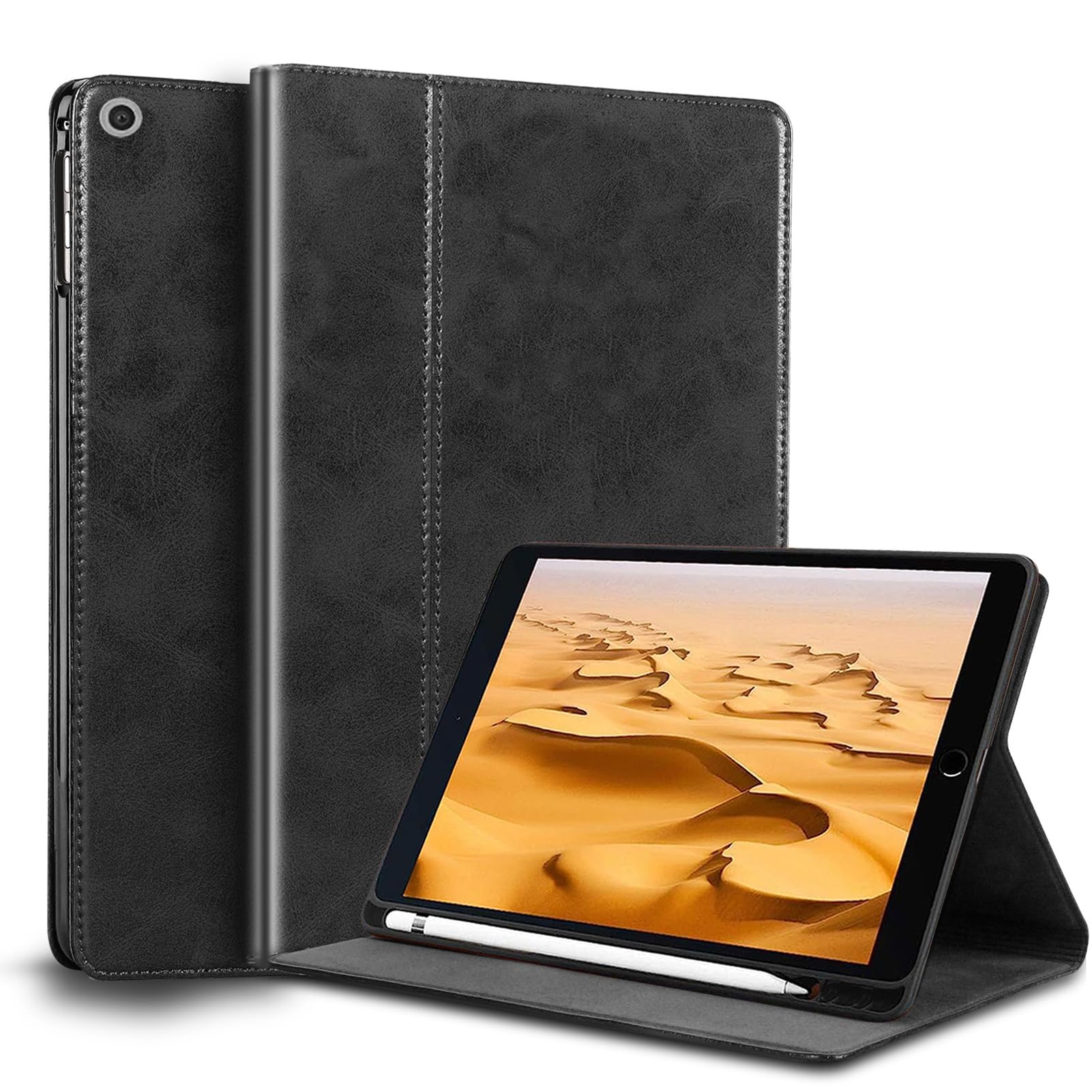 Gexmil for iPad 10.2 Inch Case 2021/2020/2019(9th/8th/7th Generation) with Pencil Holder,Auto Wake/Sleep,Genuine Leather Case with Stand,Oil Wax Black
