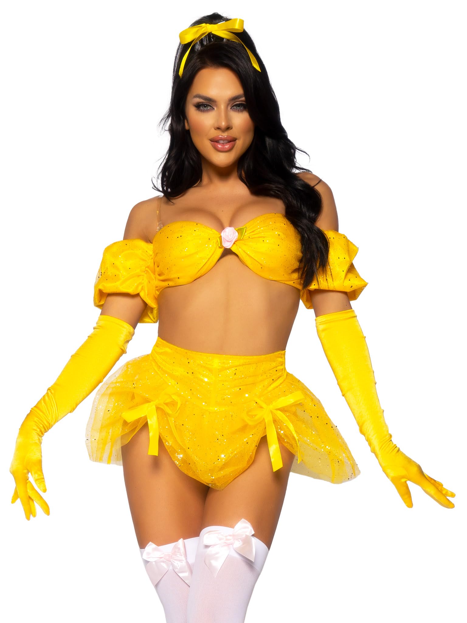 Photo 1 of ***STAINED & MISSING PIECES*** Leg Avenue 4 PC Fairytale Beauty, includes glitter shimmer bra top with gathered rosette center and puff sleeves,Yellow, Small