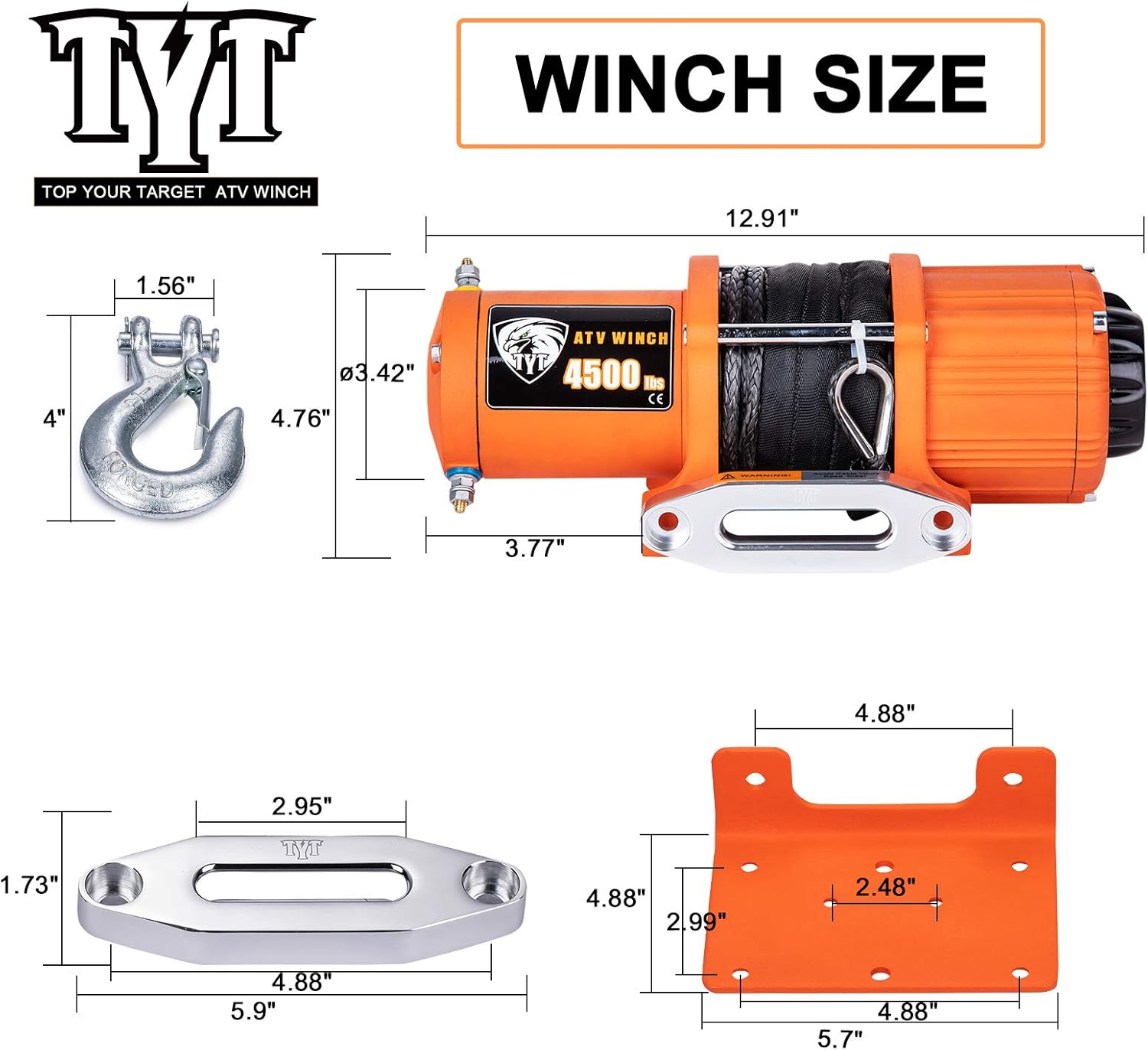 TYT 4500 lb. Advanced Load Electric Synthetic Rope Winch for Towing ATV/UTV Off Road Kits, 12V Electric Winch with Hawse Fairlead, 2 Wireless Remotes and Mounting Bracket: Home Improvement