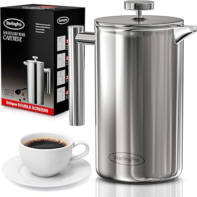 SterlingPro French Press Coffee Maker (1L)-Double Walled Large Coffee Press with 2 Free Filters-Enjoy Granule-Free Coffee , Stylish Rust Free Kitchen Accessory-Stainless Steel French Press