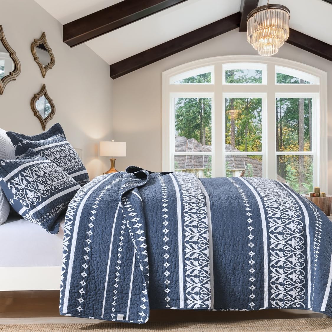 Photo 1 of BCOTTOND Queen Quilt Set 100% Cotton Boho Striped Queen Quilt,Navy Blue Quilt Queen Size Bohemian Pattern Queen Bedspread Lightweight All Season 3 Piece
