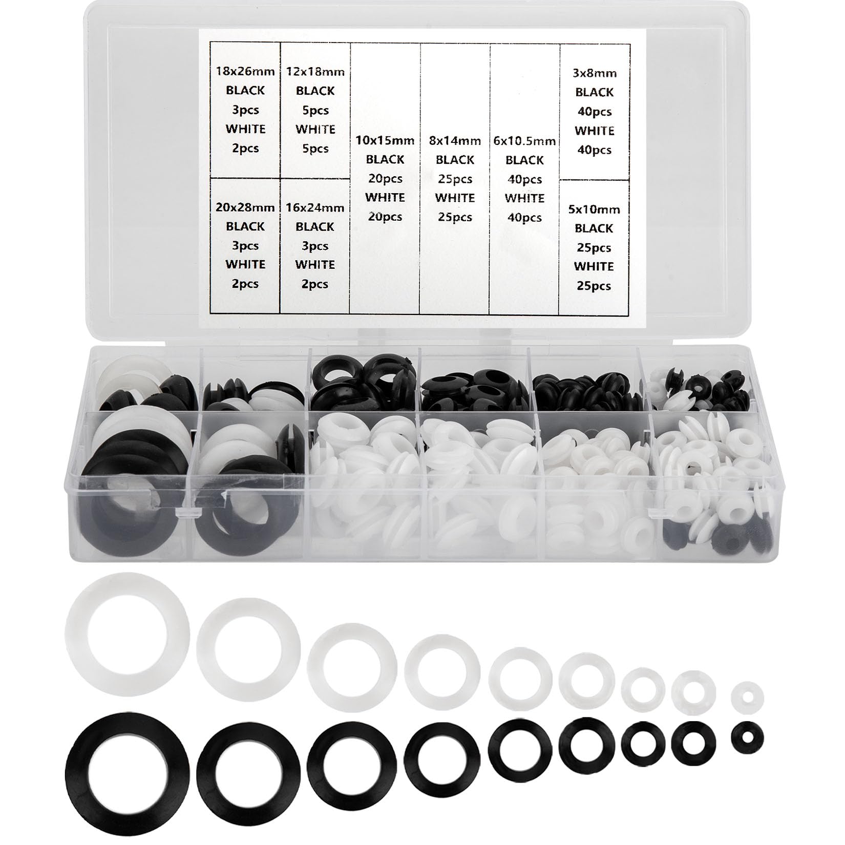 325-Piece Rubber Grommet Set, 9 Sizes Black & White Cable Grommet Combo for Protecting Wires & Plugs