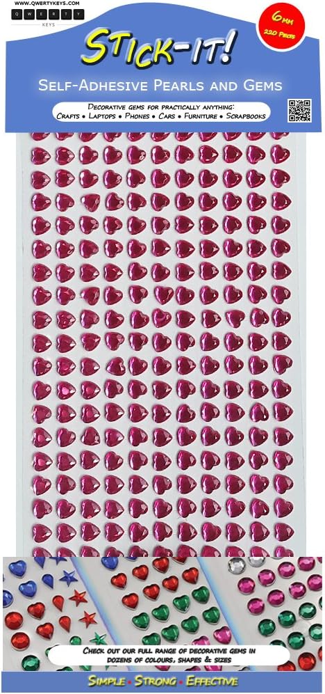 Heart Shaped Rhinestone Sticky Stick On Self Adhesive Diamante Coloured Crystal Gems - Hot Pink 6 mm (220 Gems)