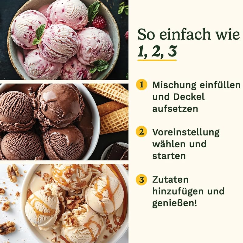 FreezeEase – Selbstkühlende Eismaschine | 3 Voreinstellungen | Eiscreme, Sorbet, Frozen Yoghurt | Kein Vorkühlen nötig | Fertig in 40 Minuten | Kühlhaltefunktion