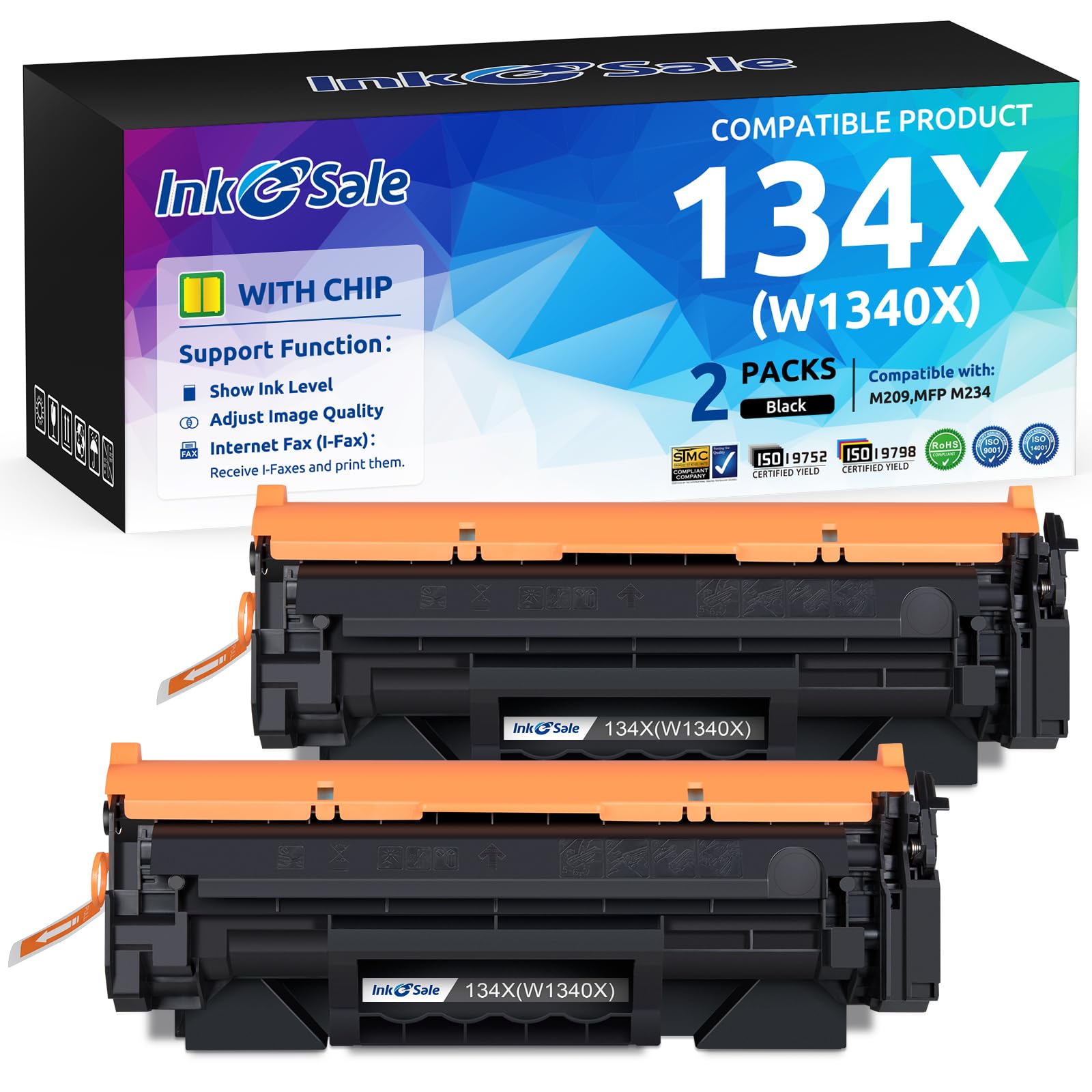 Photo 1 of INK E-SALE 134X 134A High-Yield Toner Cartridge Replacement for HP 134X 134A W1340A W1340X Black Toner Cartridge for HP Laserjet M209d MFP M234dw M234sdw Printer 2-Pack Black Show Ink Level