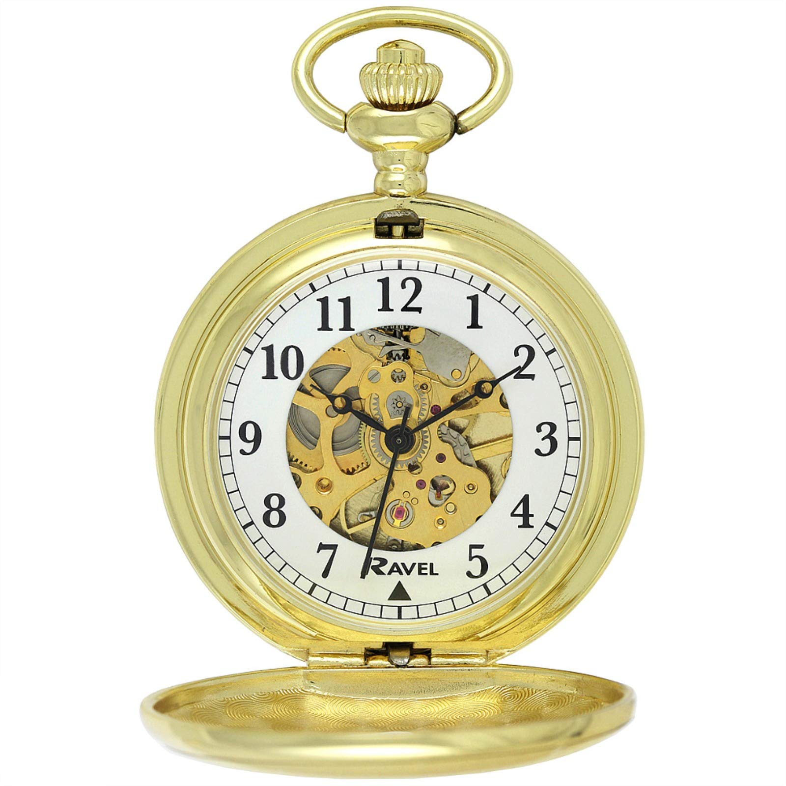 Ravel - Polished Mechanical Hand-Wind Skeleton Pocket Watch - Gold Tone