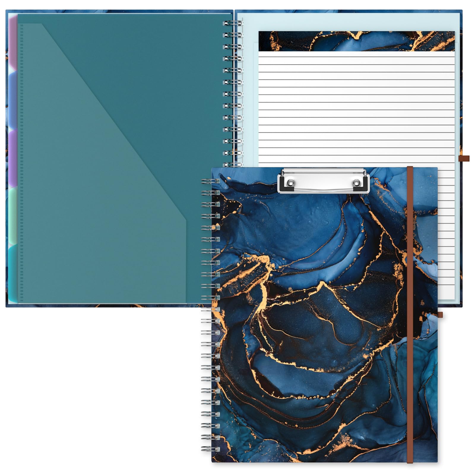 Hnogri Clipboard Folio with Refillable Lined Notepad, Clipboards with 5 A4 Folders Storage 10 Pockets, Spiral Clip Board Portfolio, Size 12.8" x 9.7", Office Supplies, School Supplies, Blue Marble