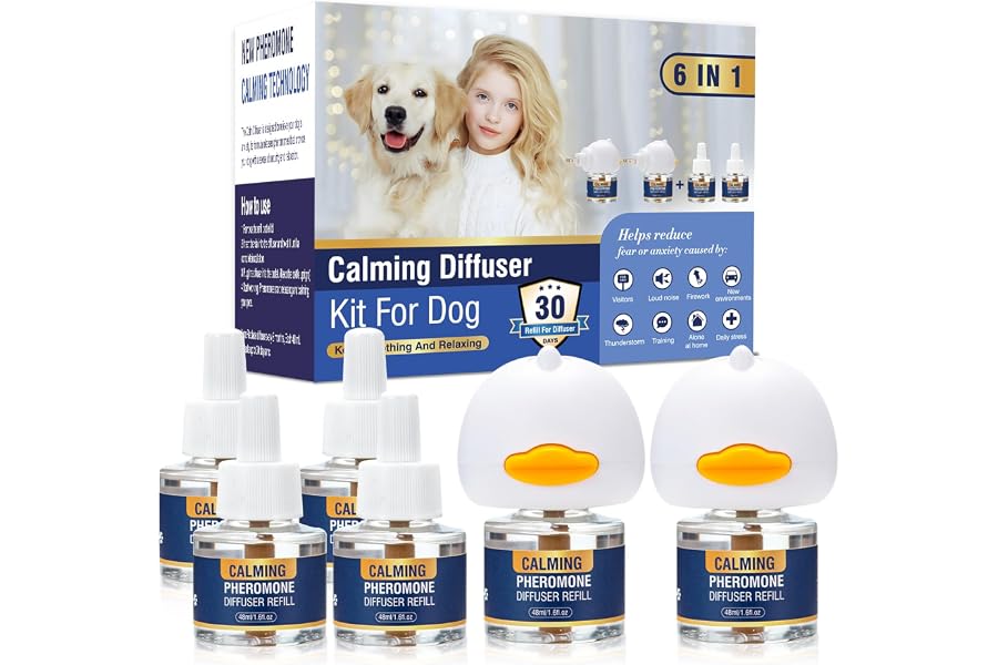 LKBHGF Dog Calming Pheromones Diffuser 6 in 1 Kit Appeasing Pheromone Diffuser to Calm (2 Plug in+4 x48ml Refill) for Anxiety Relief Reduce Aggression Fighting Barking Stress 120 Day Supply(Tasteless)