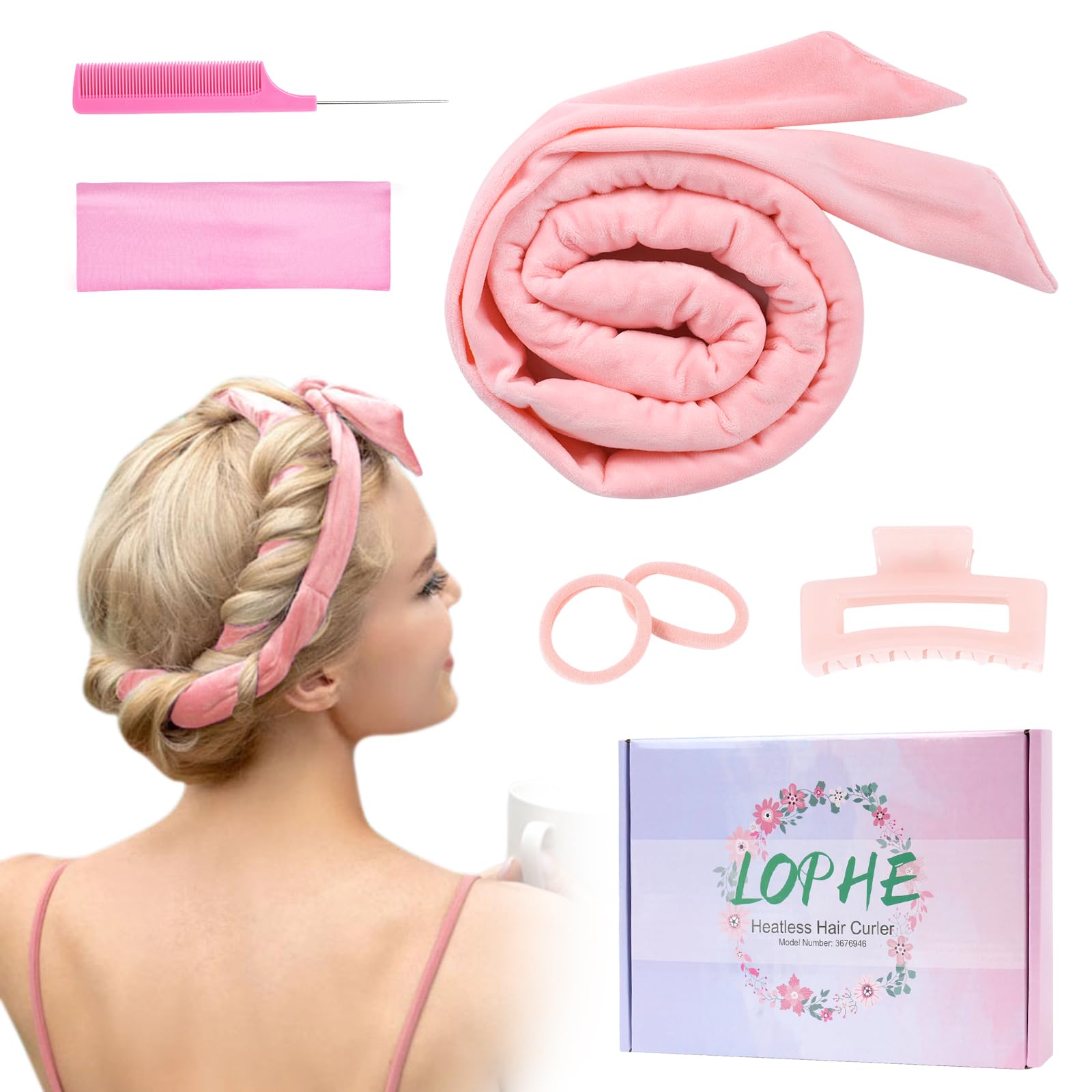 LOPHE Heatless Curlers Headband, No Heat Wave Curls for Sleeping, Overnight Hair Curling Set with Clip Styling Tools, Soft Velour Curling Rod for Long Medium Hair