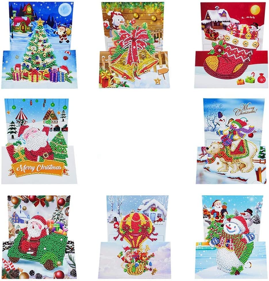 Christmas Card 5D Diamond Painting Kits 3D Christmas Tree Santa Claus Full Drill New Year Greeting Card and Christmas, DIY Gift for Friends and Family(8 Pack)(HK207)